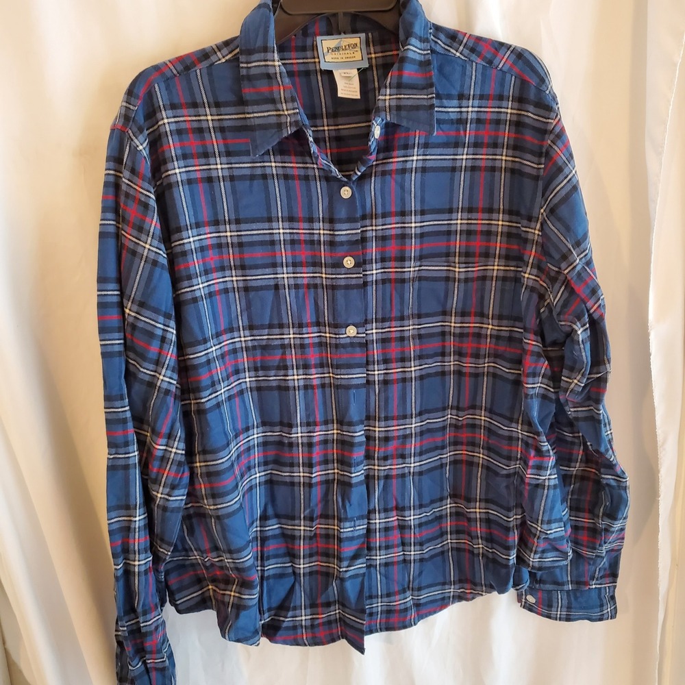 Pendleton Originals Women's XL Blue Plaid Long Sleeve Button Down Shirt‎